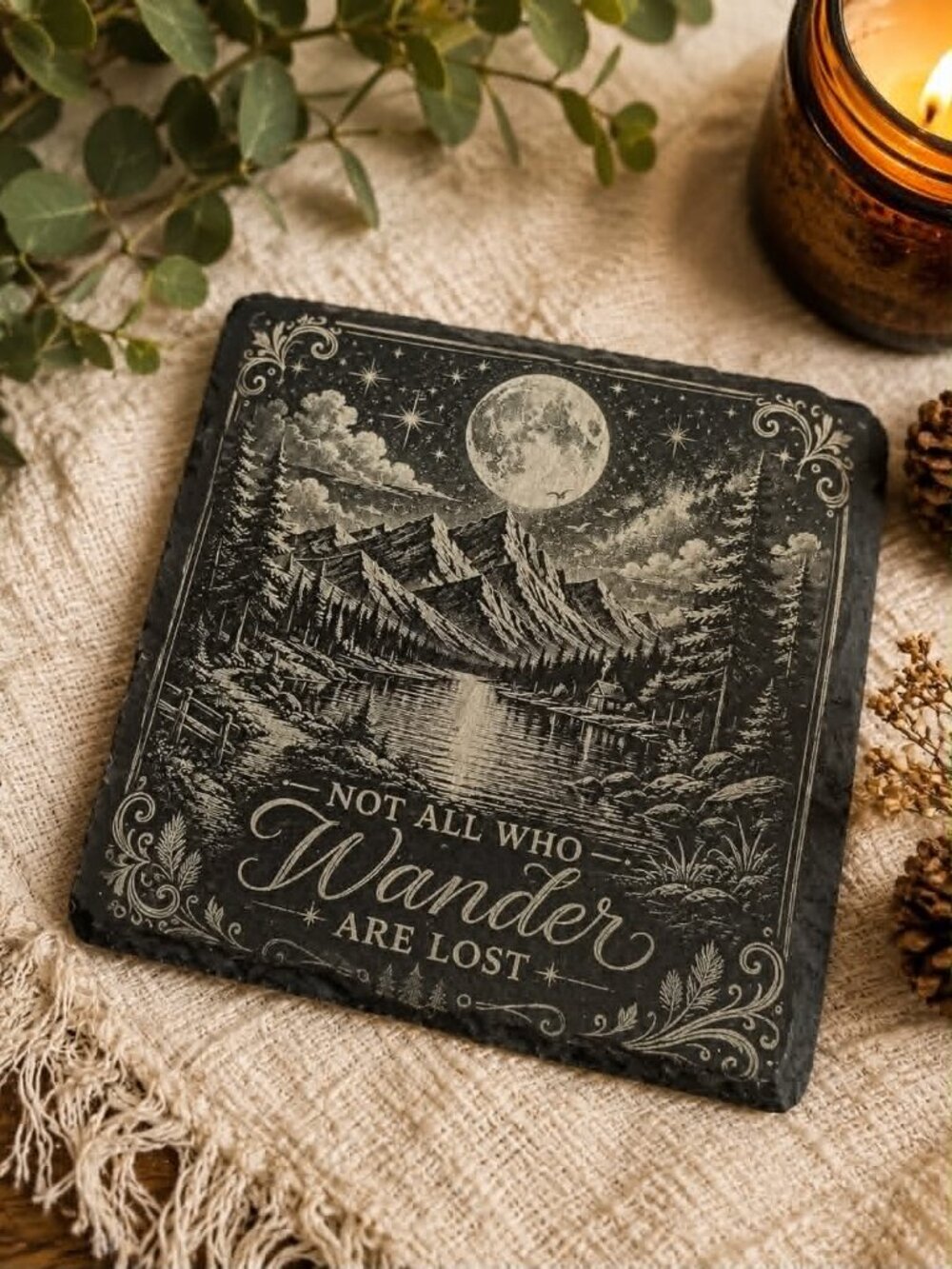 Not All Who Wander Are Lost Slate Coaster | Moon & Mountain Set of 2